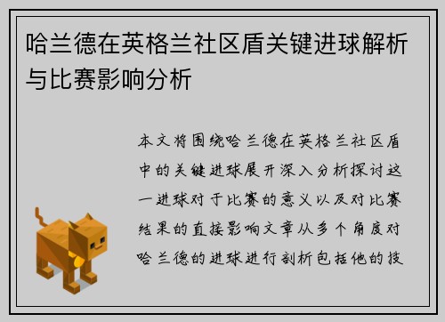哈兰德在英格兰社区盾关键进球解析与比赛影响分析